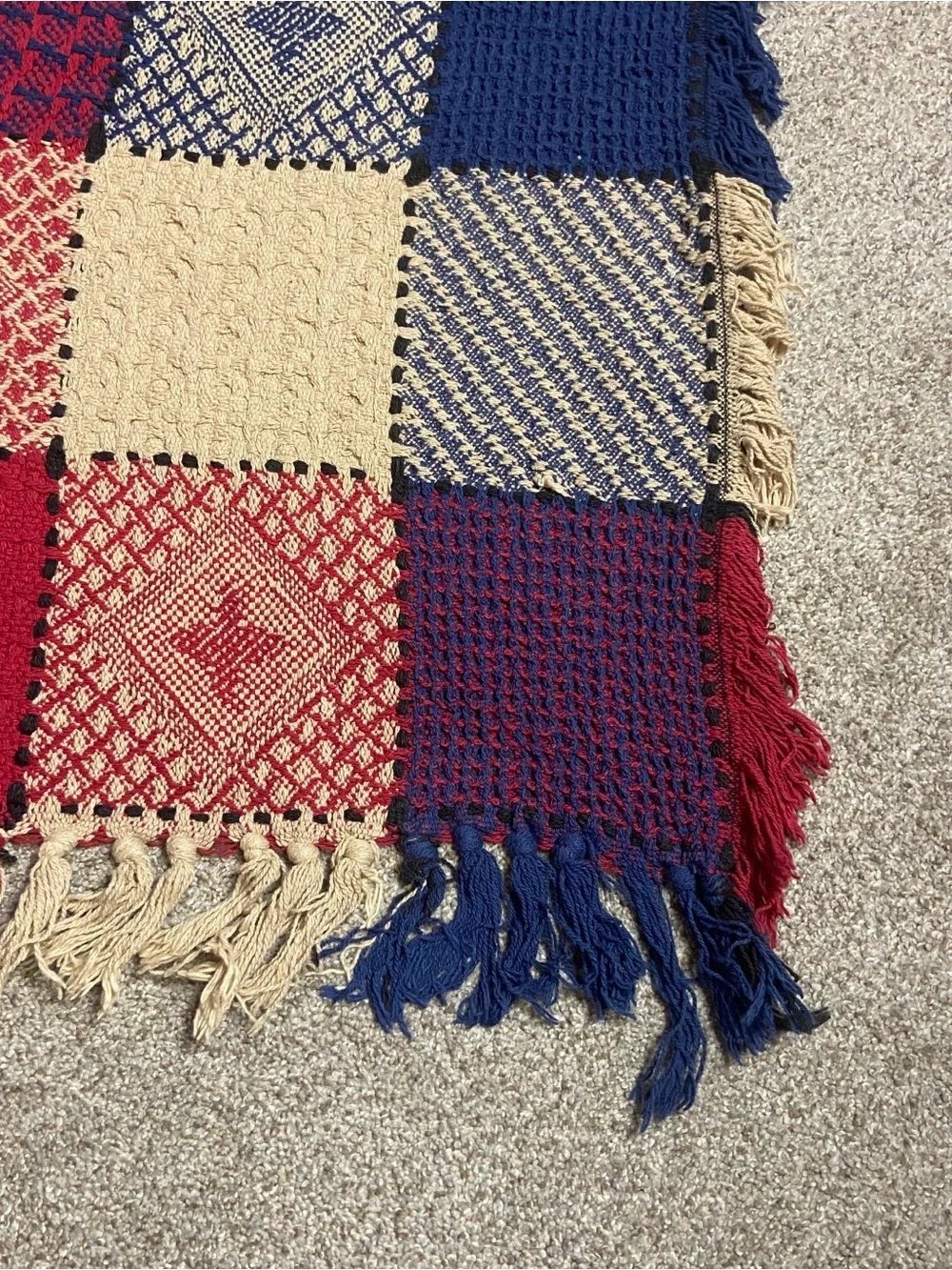 Vintage Woven Throw Blanket in Red, Navy & Cream, approx. 43” x 60”, cottage
